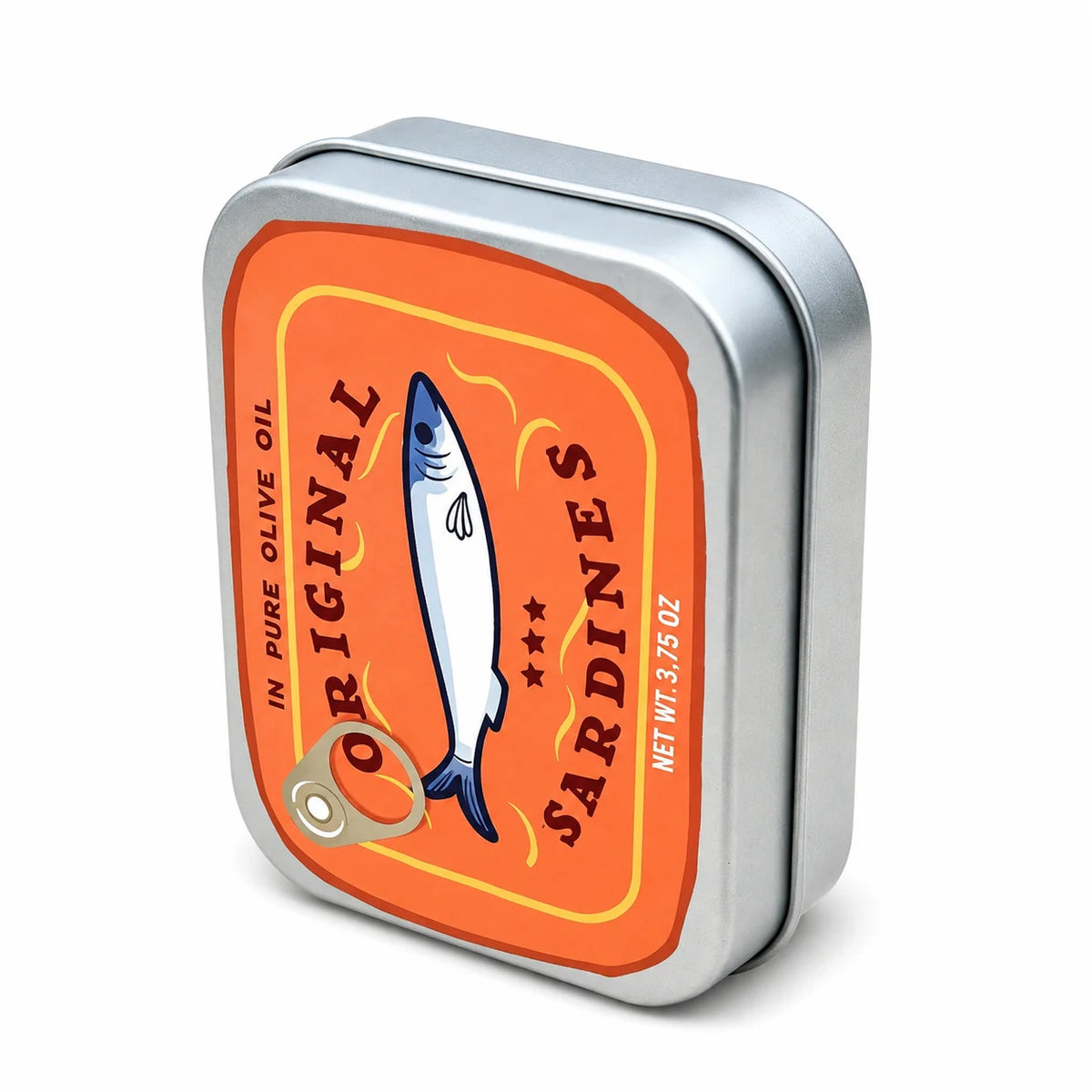 A silver metal box with an orange label featuring a graphic of a fish and the text ORIGINAL SARDINES