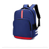 A navy blue cartoon anime backpack with red and white stripes on the front and black trim.