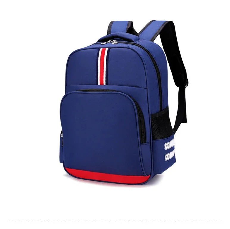A navy blue cartoon anime backpack with red and white stripes on the front and black trim.