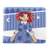 Cartoon-Illustration eines Mädchens mit rotem Haar und blauem Kleid auf blau-gestreiftem Hintergrund