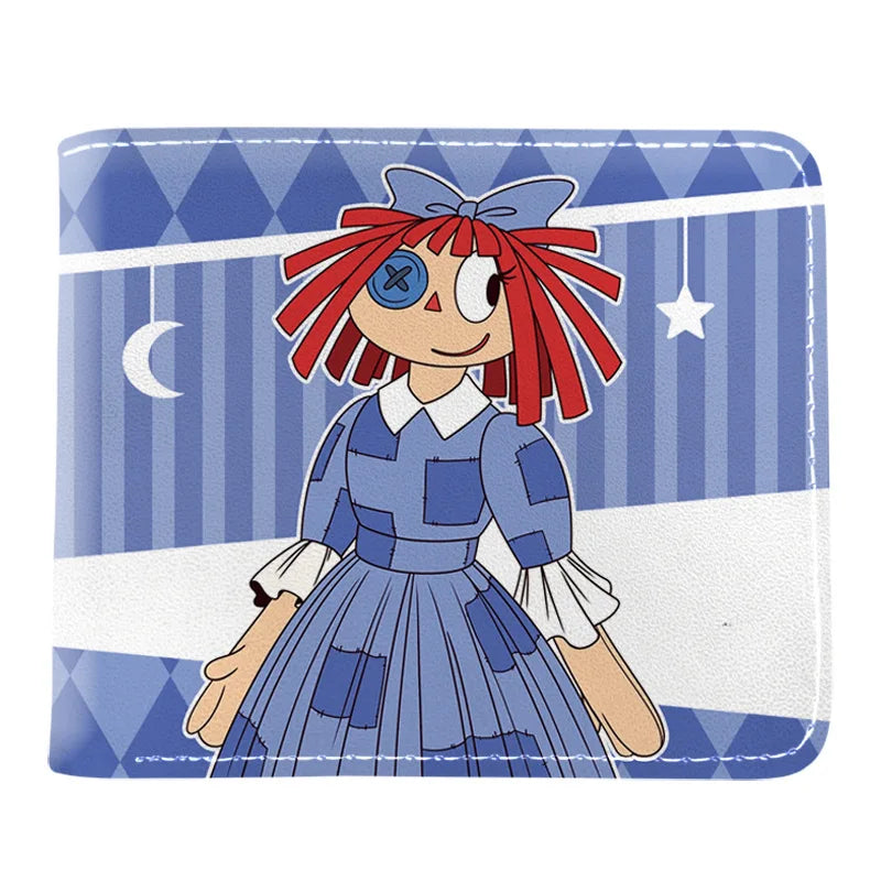 Cartoon-Illustration eines Mädchens mit rotem Haar und blauem Kleid auf blau-gestreiftem Hintergrund