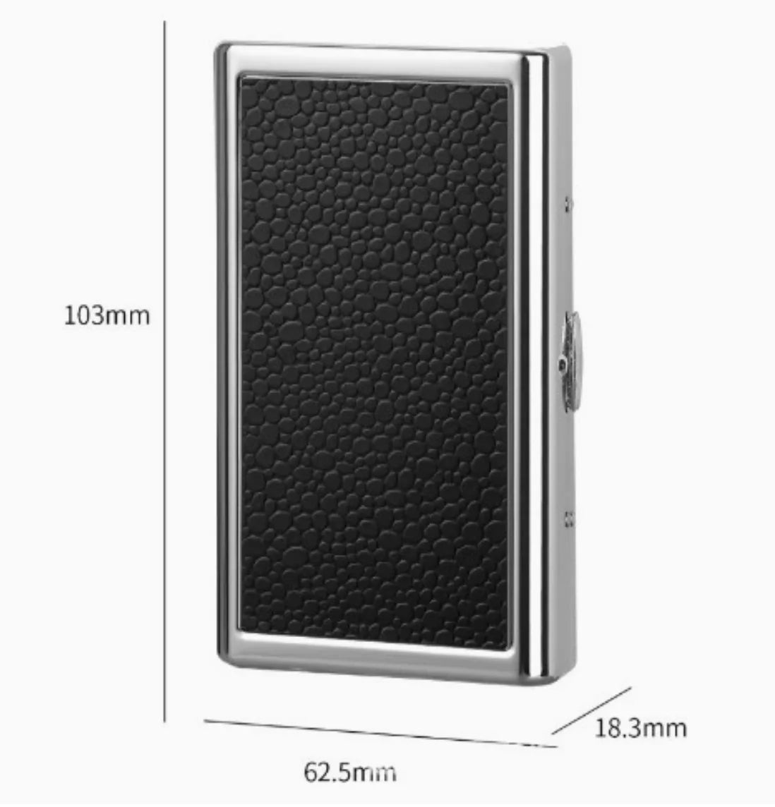 A black metal cigarette holder with a rectangular design and silver accents.