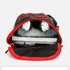 A black and red multifunctional outdoor folding backpack is shown open, displaying various items like a laptop, tablet, walle