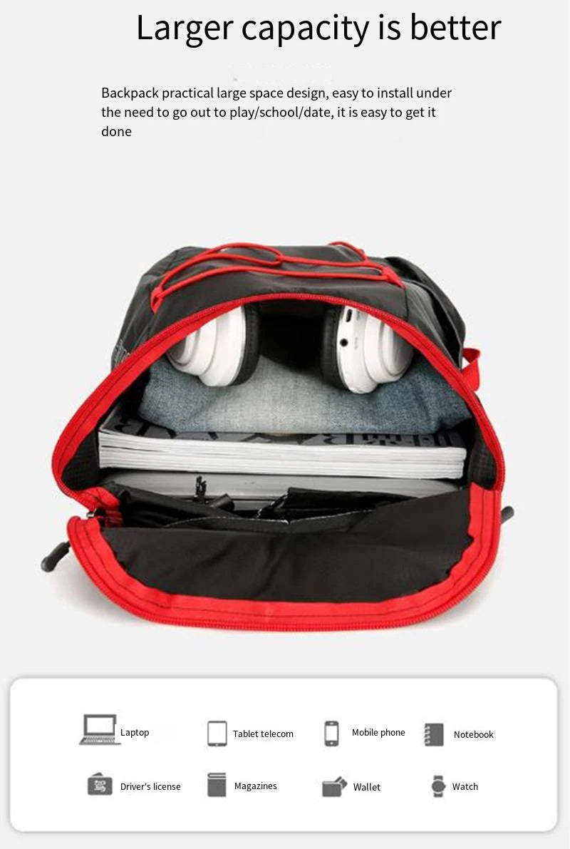 A black and red multifunctional outdoor folding backpack is shown open, displaying various items like a laptop, tablet, walle