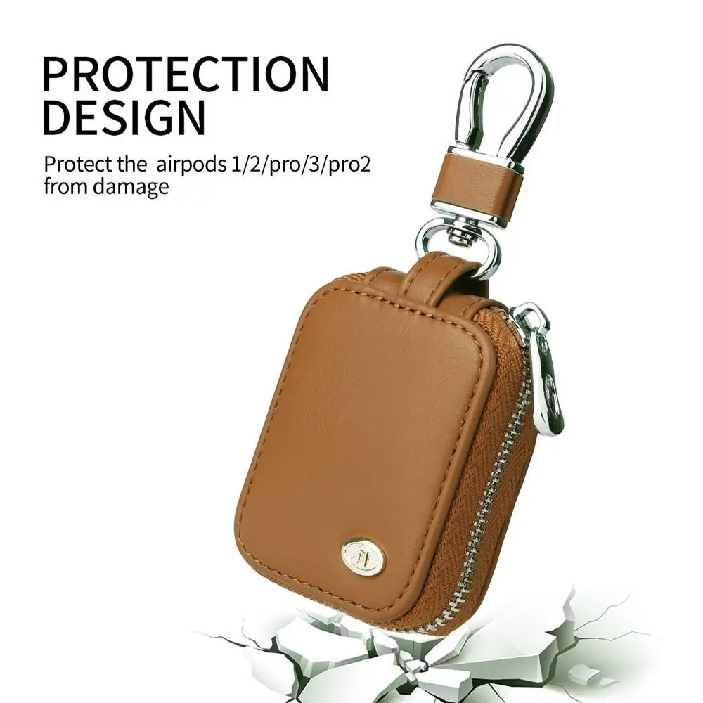 Brown protective case for AirPods, designed to prevent damage.