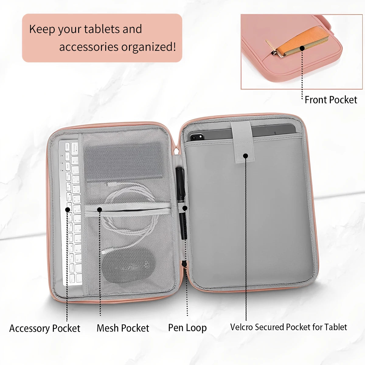 Funda protectora gris para tableta con bolsillo de accesorio, bolsillo de malla, lazo para bolígrafo y bolsillo asegurado con