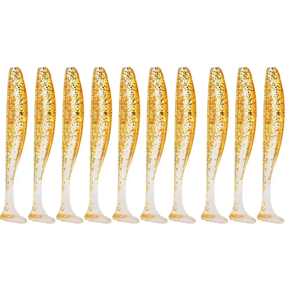 A row of ten adjustable soft lure fishing tackle pieces with a gold glitter finish.