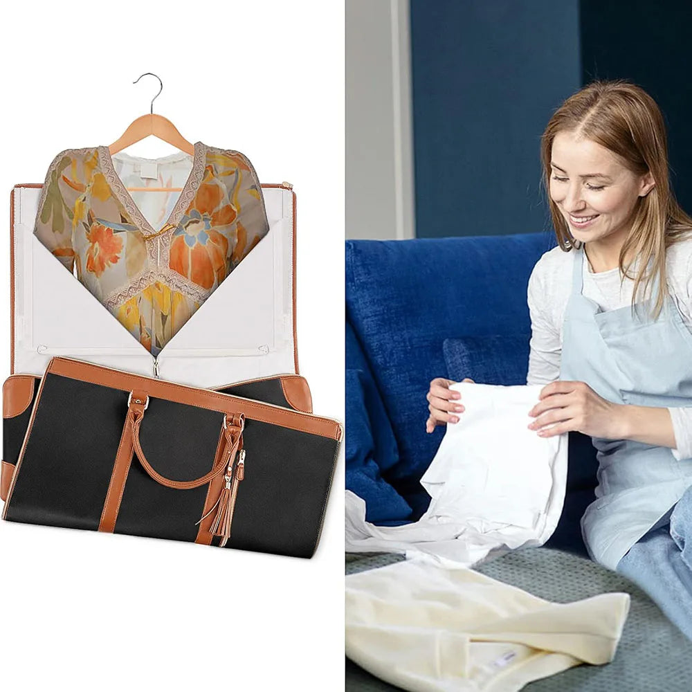 A foldable multi-function garment duffle bag with a floral pattern displayed next to a woman using the bag.