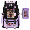 A black and purple canvas backpack featuring a pink print of girls and a purple pouch.