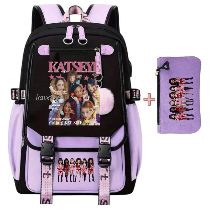 A black and purple canvas backpack featuring a pink print of girls and a purple pouch.