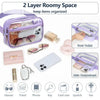 A purple 2 layer roomy pouch for organizing items including glasses, ticket, phone, key, card case, lipstick, and fan.