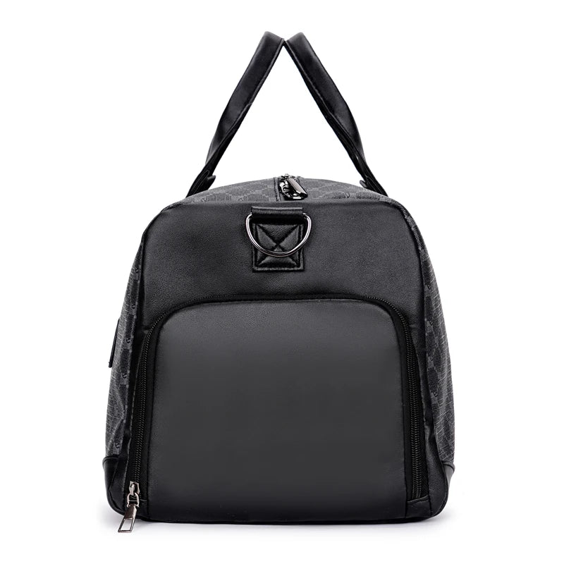 Black leather duffle bag with black trim and carrying handles