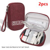 A maroon portable digital organizer storage pouch with a zippered compartment containing various electronic accessories.