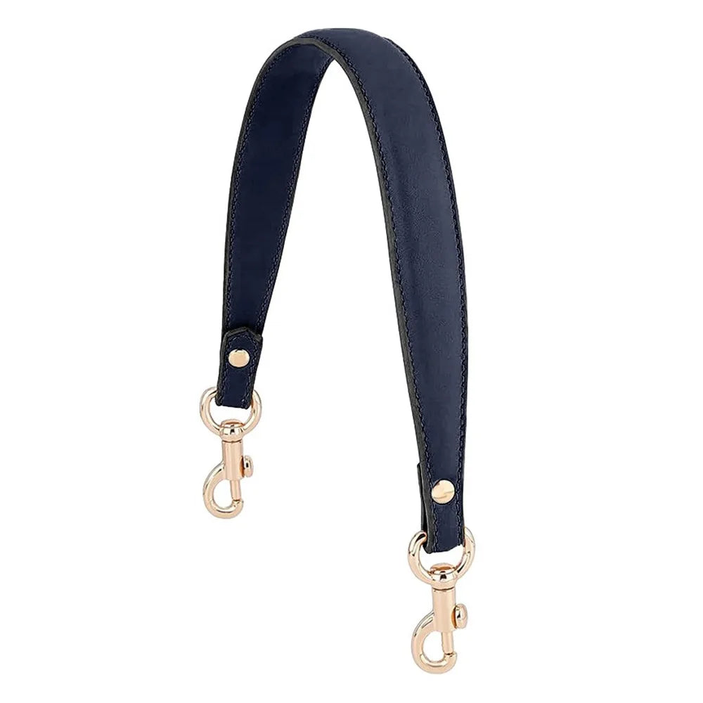 A dark navy blue PU leather detachable handbag strap with gold-toned hardware.