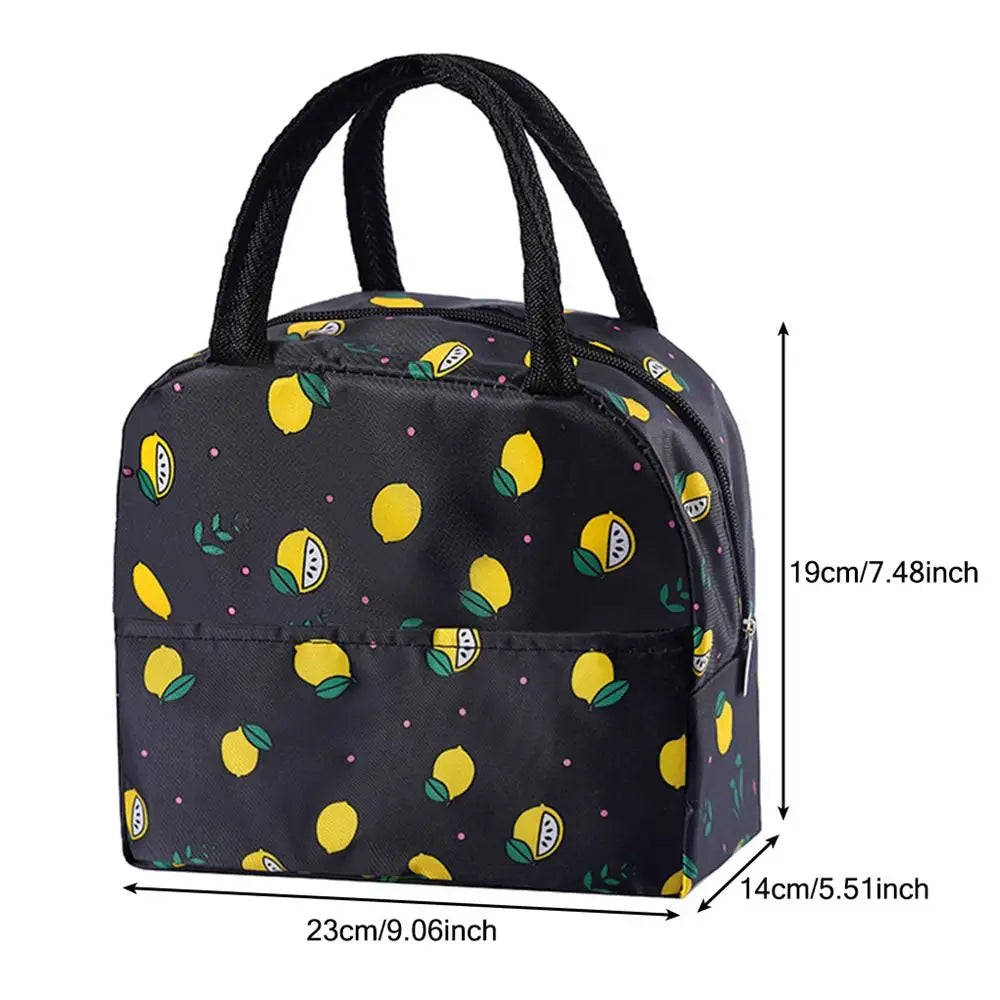 Sac à lunch réutilisable en coton oxford noir avec motif citron jaune