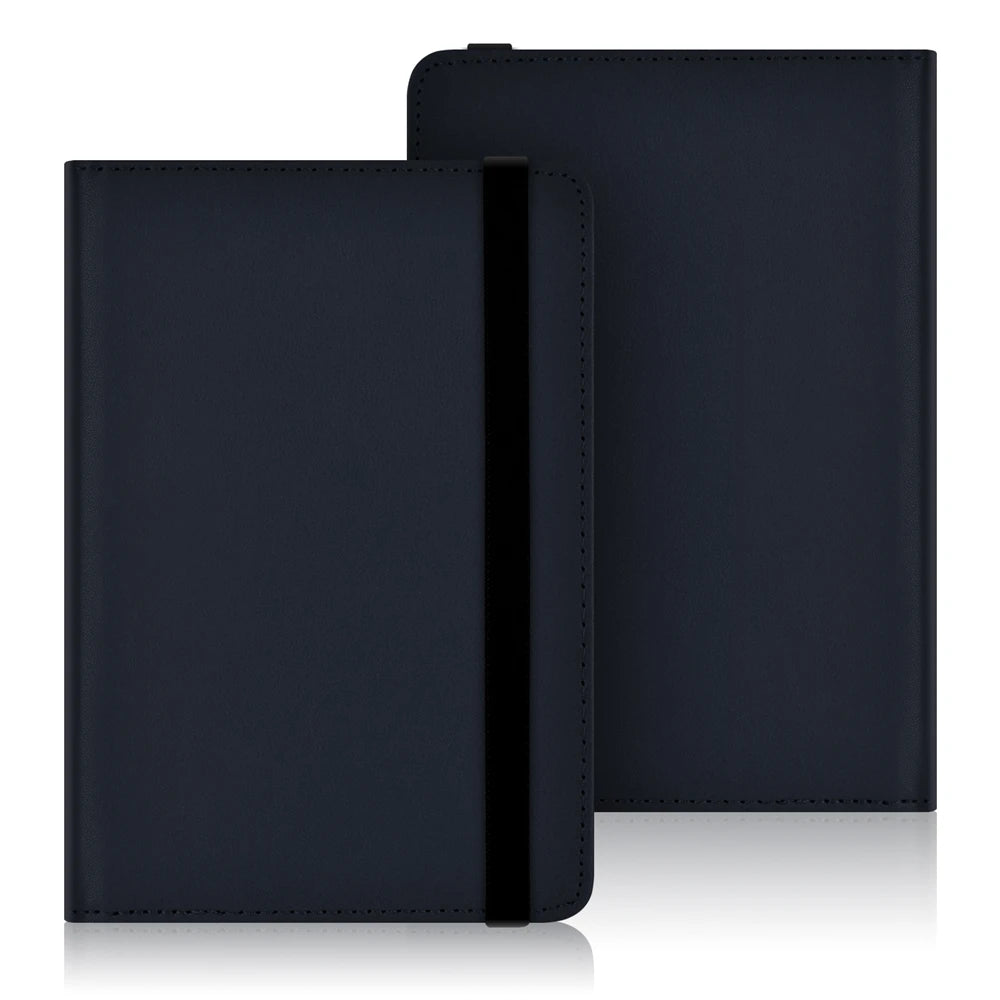 A dark navy blue universal e-book cover with a protective strap, shown in a closed book format.