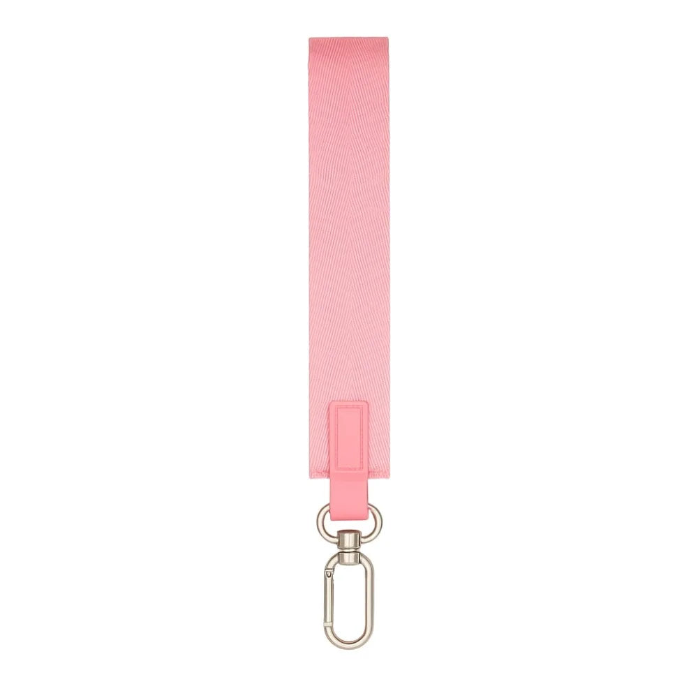 Pink nylon wrist strap keychain with a metal split ring closure