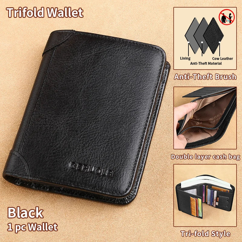 Black trifold wallet made of cow leather with a lining and anti-theft features