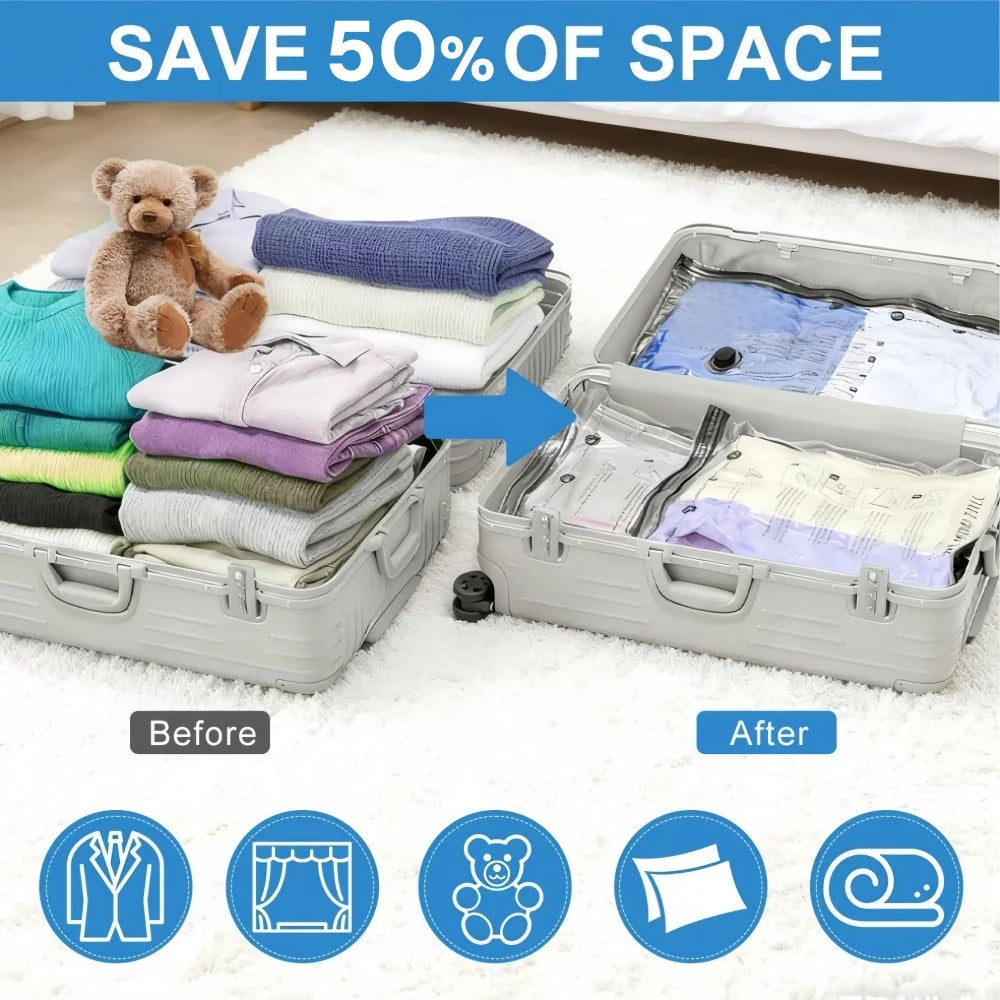 Comparaison avant/après de sacs de rangement pour aspirateur réutilisables montrant l'espace économisé pour les vêtements et 