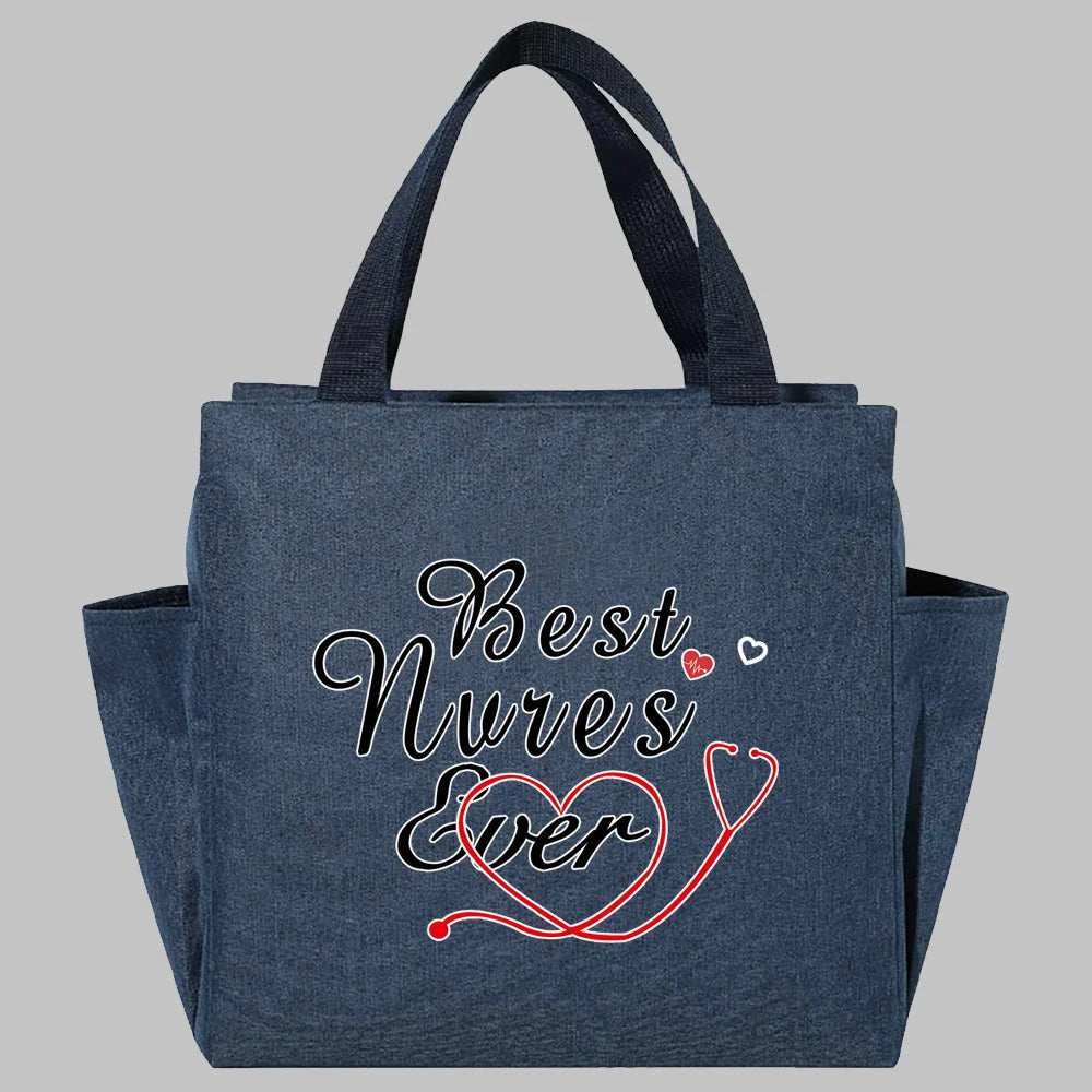 Bolsa de almuerzo de lona azul marino con bordado 'Las mejores enfermeras' y un corazón con estetoscopio rojo