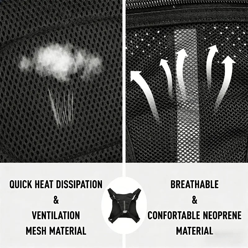 Close-up of a black mesh tactical chest bag showing heat dissipation and breathable neoprene material features.