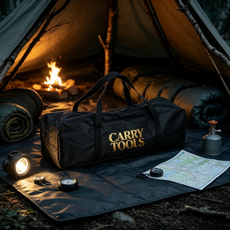 A black storage tote labeled Carry Tools is laid on a ground mat inside a tent next to a campfire.