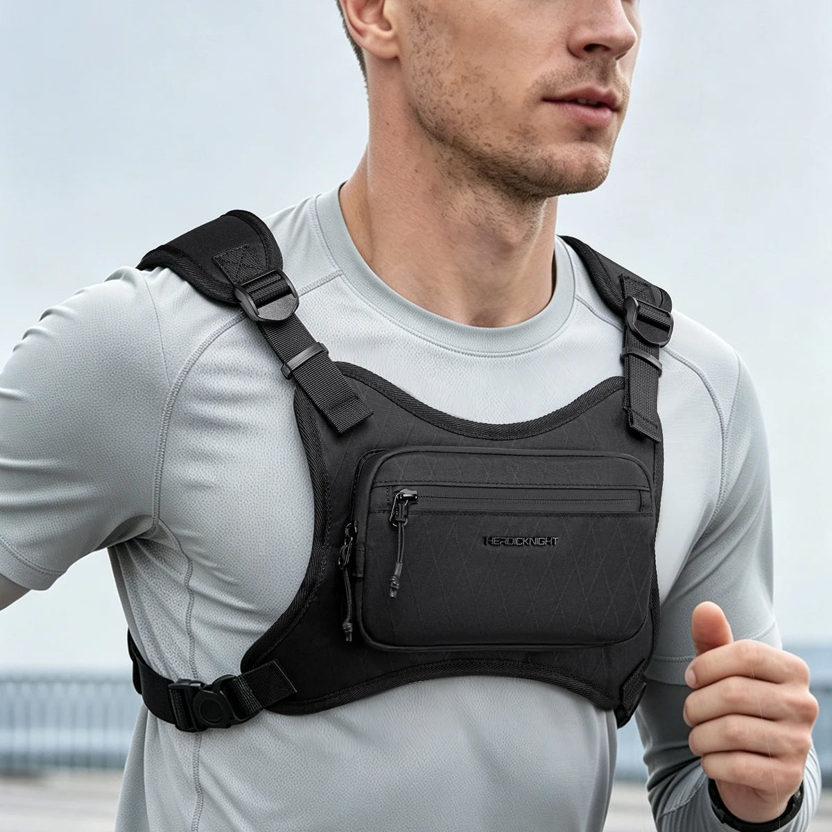 A man wearing a black waterproof chest pack for outdoor adventures while outdoors.