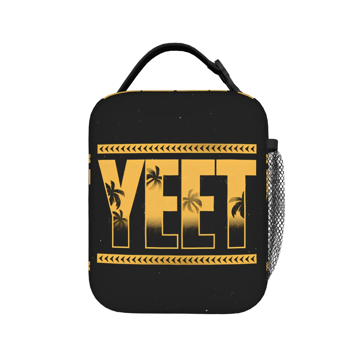 Black lunch bag featuring large yellow text Y E E T with palm tree graphics and decorative lines