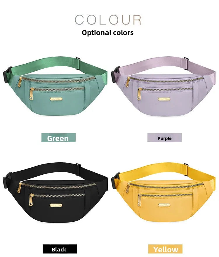 Un ensemble de pochettes crossbody imperméables en vert, violet, noir et jaune.