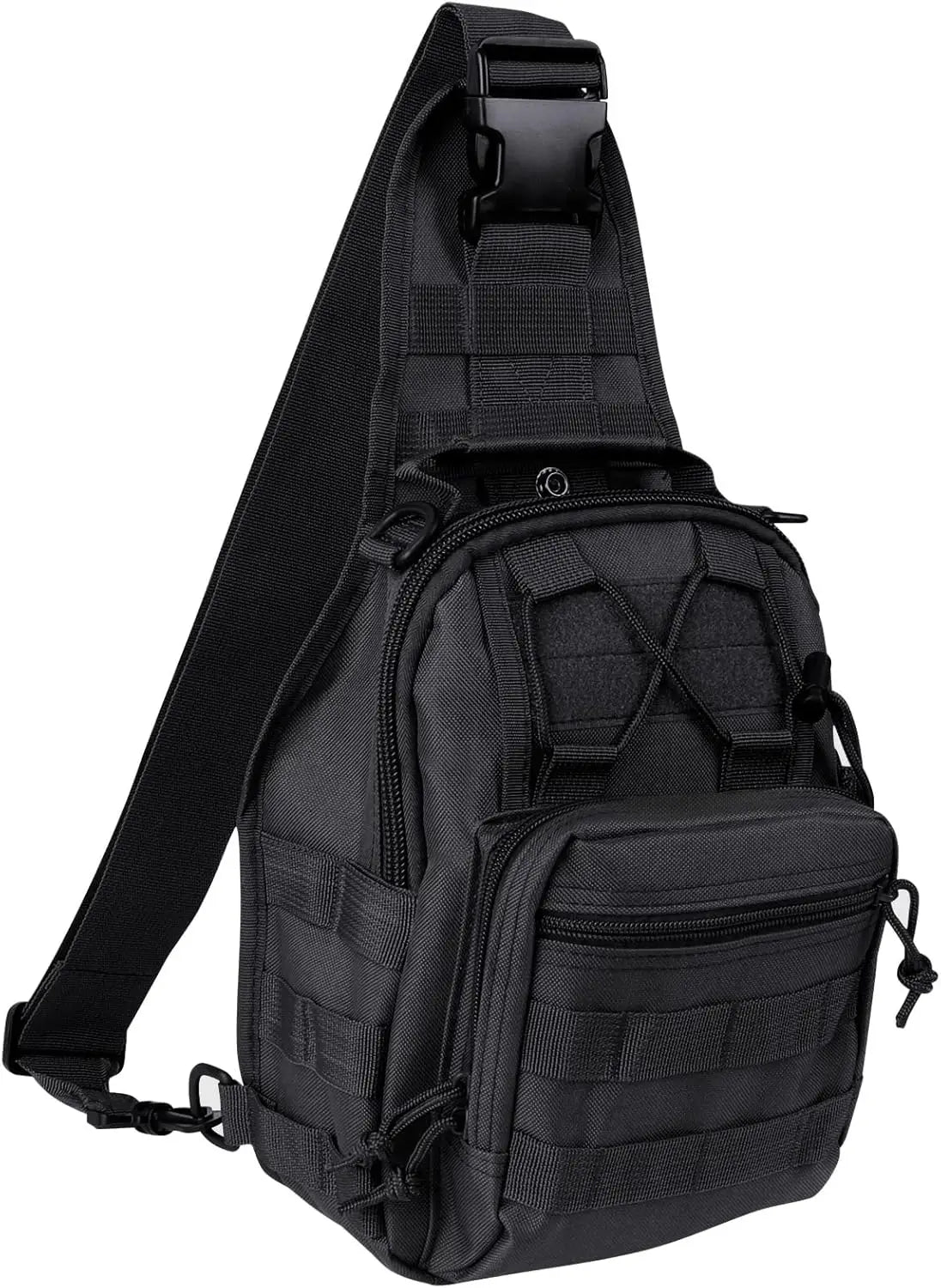 Schwarze taktische MOLLE-Umhängetasche für den täglichen Gebrauch und Reisen.