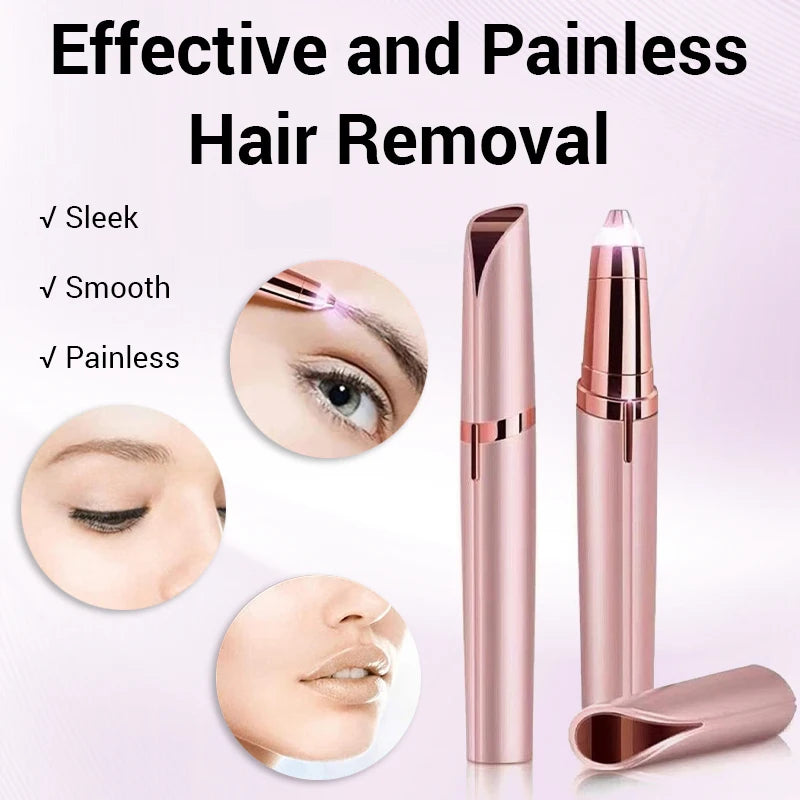 A pink precision electric eyebrow trimmer with an LED light is shown alongside close-ups of hair removal results.