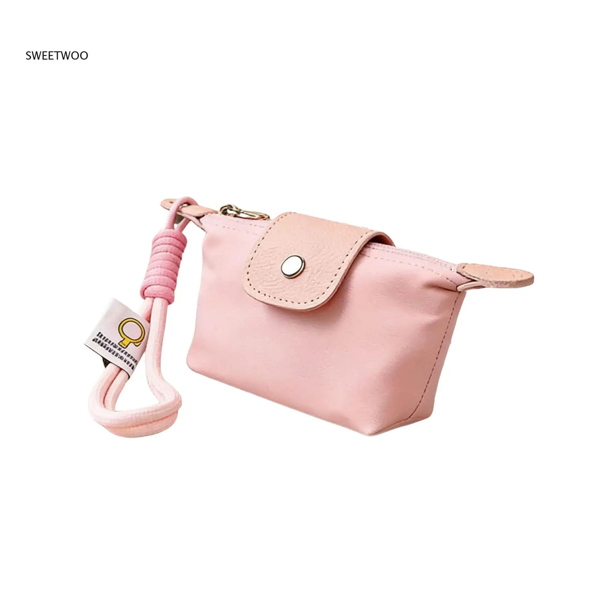 A pink faux leather coin purse with a strap and keychain is shown against a white background.
