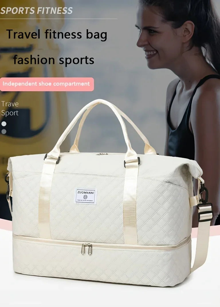 A cream-colored travel fitness bag with a separate shoe compartment is shown next to a woman.