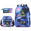 A blue Minecraft themed backpack and a matching pouch with character designs.