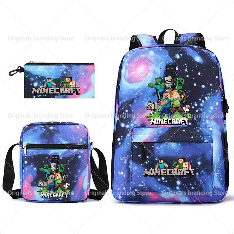 A blue Minecraft themed backpack and a matching pouch with character designs.