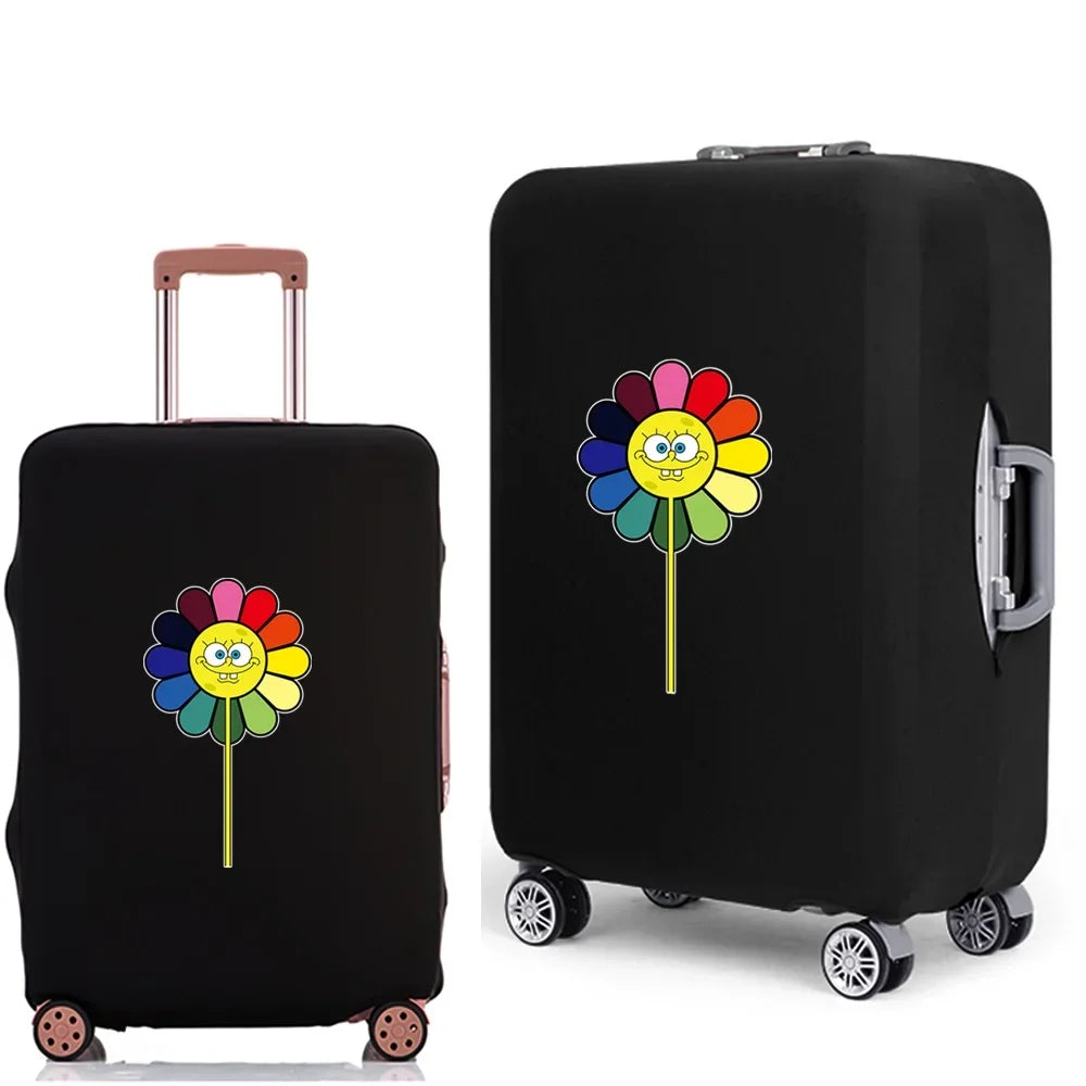 A black rolling suitcase with a colorful daisy graphic printed on the side.