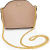A beige leather handbag with a gold-tone diamond-cut curb chain strap.