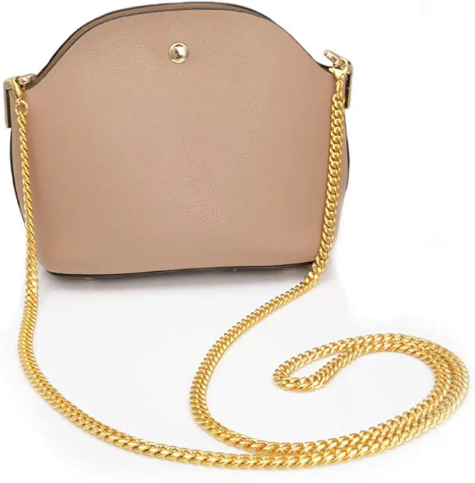 A beige leather handbag with a gold-tone diamond-cut curb chain strap.
