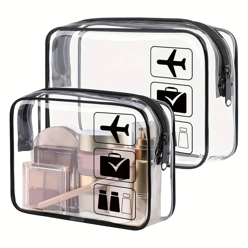 A clear, travel-sized toiletry bag with a black zipper and compartments for various grooming items.