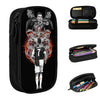 Black luxury leather pencil case featuring a soccer player design and multiple compartments.