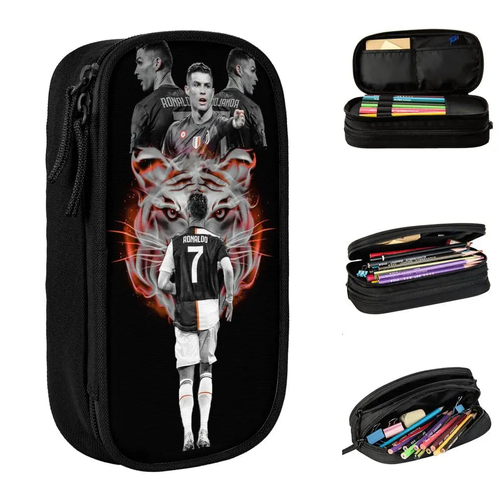 Black luxury leather pencil case featuring a soccer player design and multiple compartments.