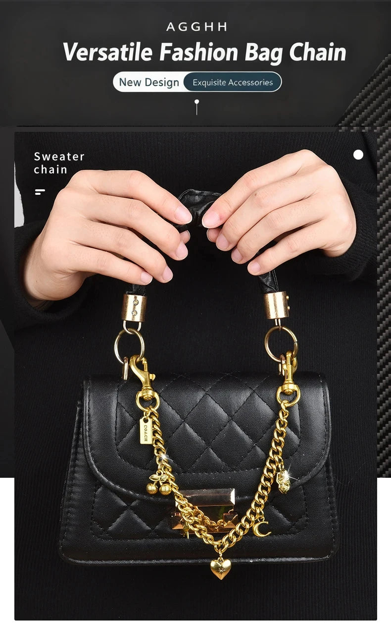 A gold chain with an alloy cherry flower bag pendant is displayed against a black quilted leather handbag.
