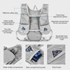 Gray hydration vest with multiple compartments and a breathable back for carrying water bottles and gear