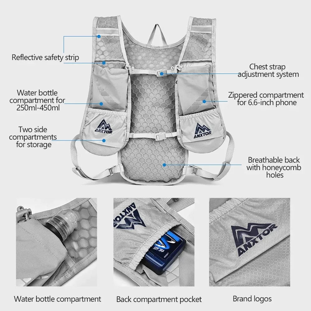 Gray hydration vest with multiple compartments and a breathable back for carrying water bottles and gear