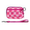 A pink checkered wallet with an ID window and a pink strap.