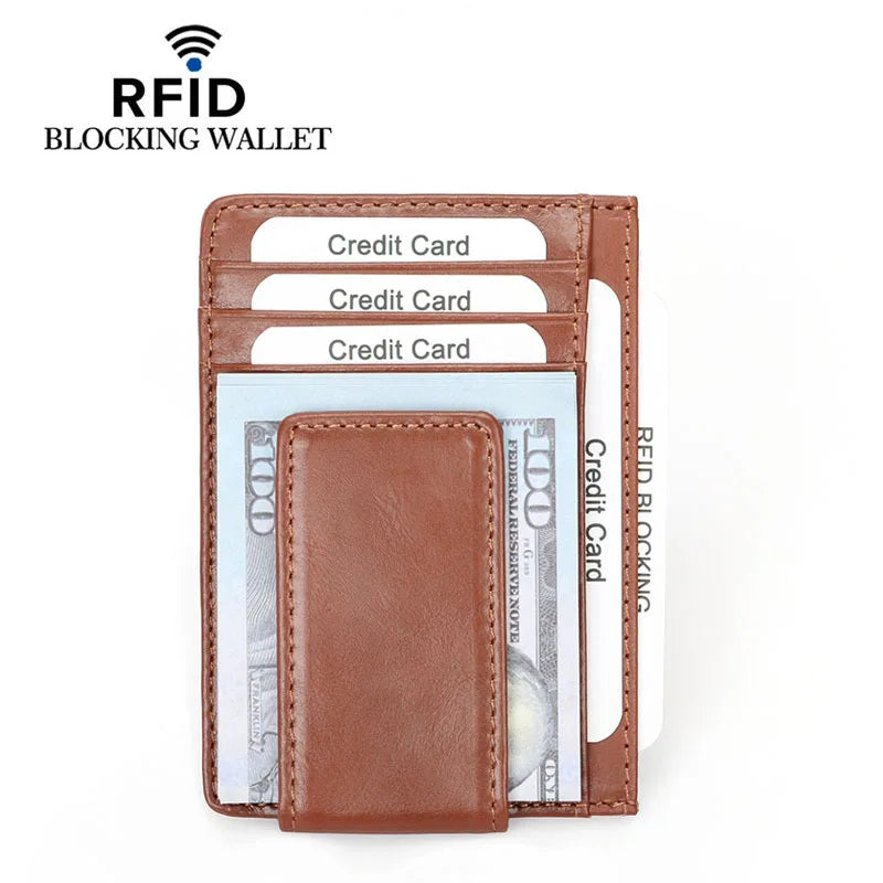 A brown leather wallet with multiple slots for credit cards and cash, designed to block RFID signals.