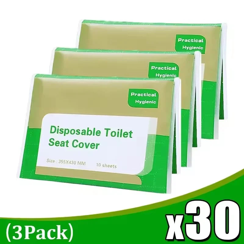 A pack of 30 disposable toilet seat covers in green and beige for hygienic use.