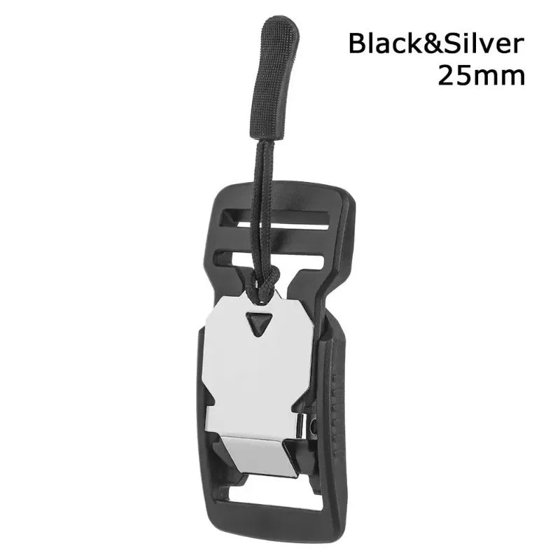 Black and silver magnetic quick release buckle for belts and bags, 25mm.