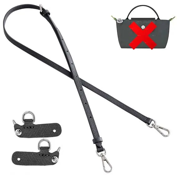 A black leather crossbody strap with a rectangular pouch and attached hardware.