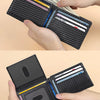 A black textured wallet is shown open, displaying several credit cards and cash inside.